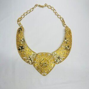 Jose Barrera Avon Necklace1989 Gold Plated Leaves Large Open Work Bib Statement